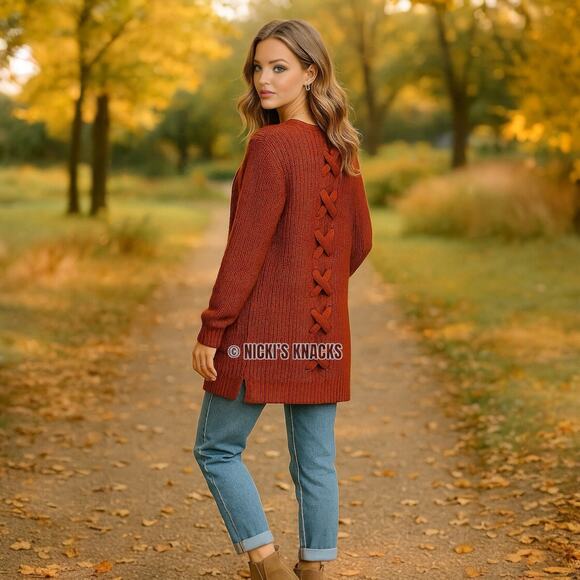 Stitch Fix Lattice Cardigan Rust Orange Chunky Knit Open Front Sweater Size S - Picture 1 of 12